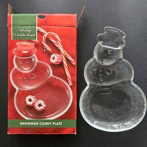 Vintage Snowman Glass Candy Dish Christmas Holiday Decor